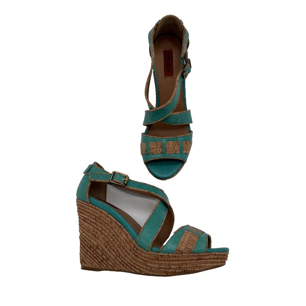 Miz Mooz Kenya Platform Leather Wedge Heel Peep Toe Sandals size 7.5 Cork